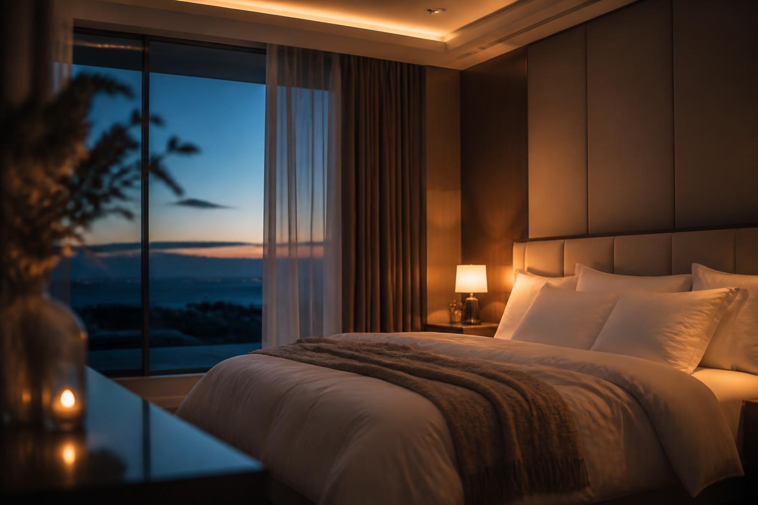 A serene, warmly lit bedroom at dusk