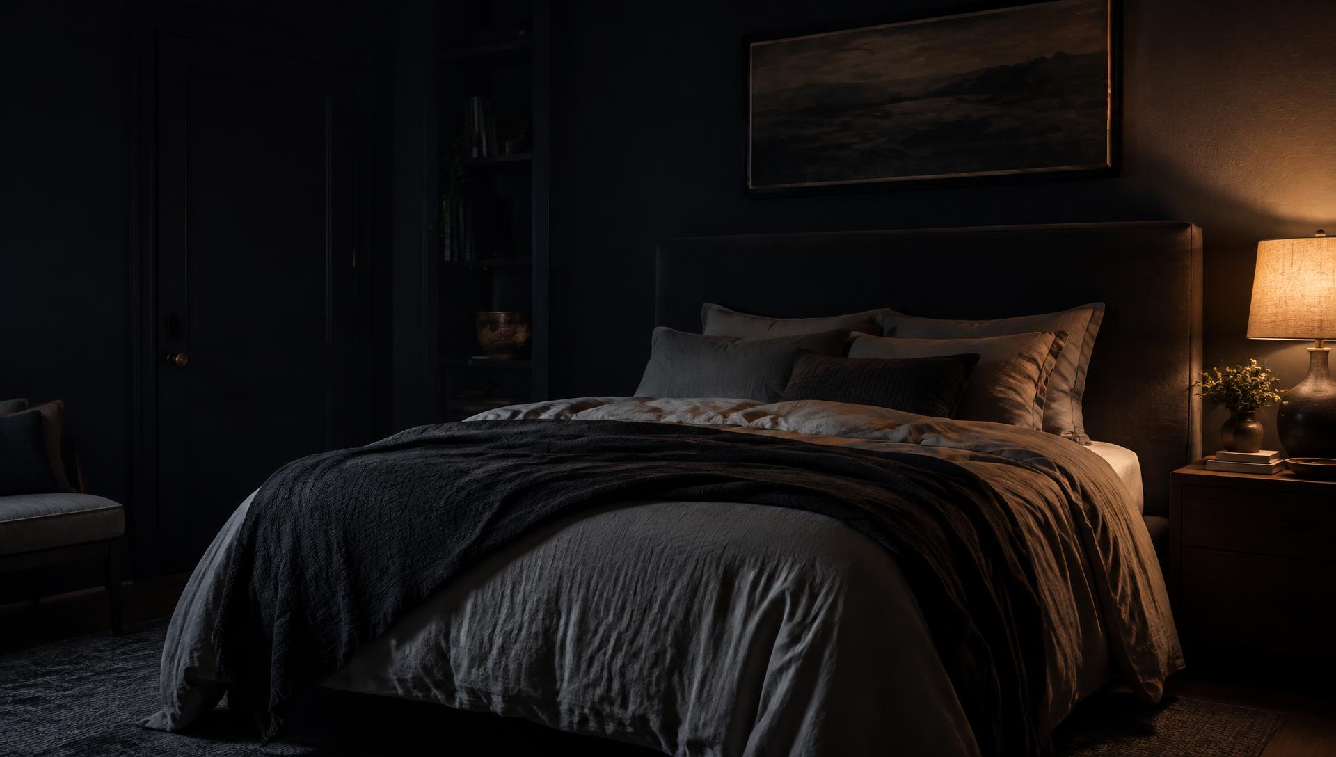 A dark, calm bedroom lit by a warm bedside lamp