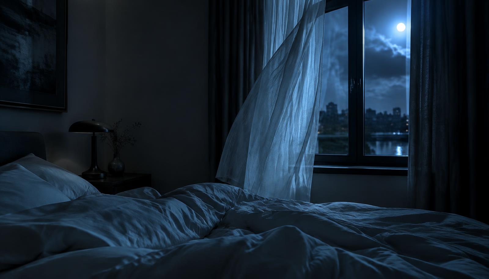 Moonlit bedroom with a sheer curtain moving in the night air